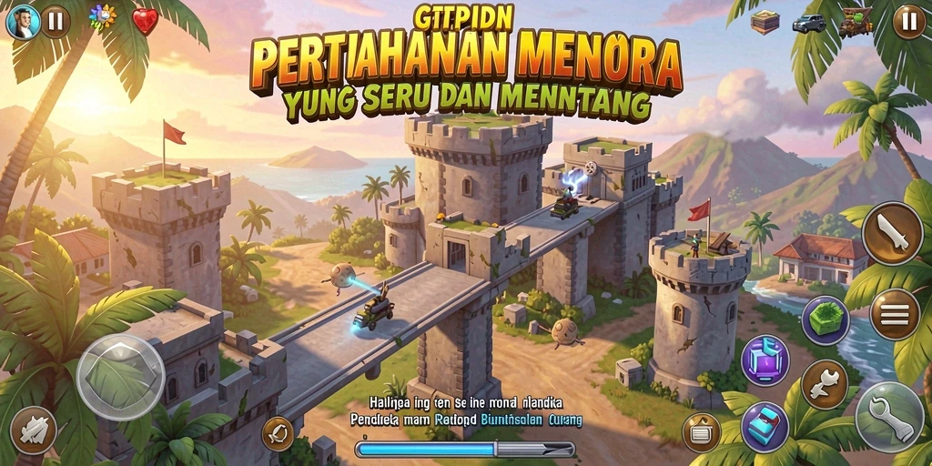 Tampilan utama gameplay GTPIDN menampilkan serangan menakjubkan dan pertahanan menara.