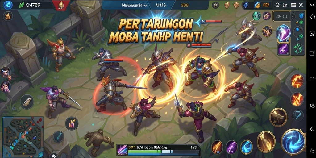Tangkapan layar gameplay KM789 yang penuh aksi dalam arena MOBA.