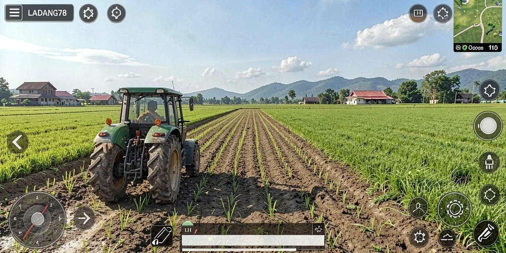 Screenshot menunjukkan gameplay seru di LADANG78 dengan ladang yang subur.