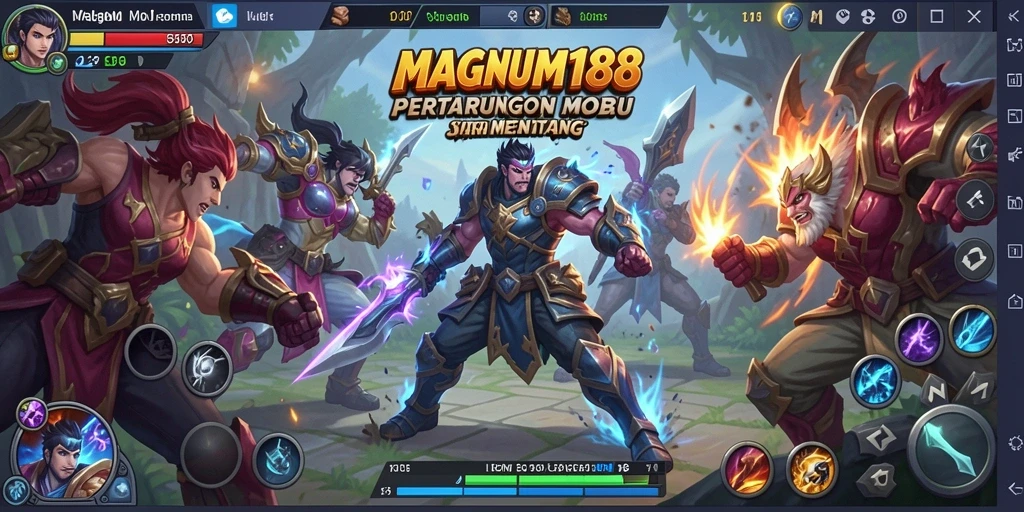 Tangkapan layar gameplay MAGNUM188 yang menampilkan pertarungan epik antar karakter MOBA.