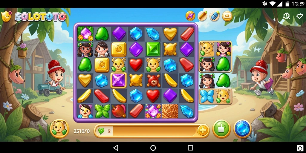 Screenshot gameplay SOLOTOTO menampilkan aksi mencocokkan item yang seru.