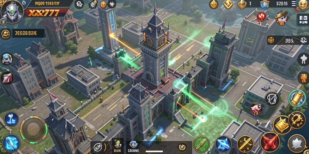Screenshot dari gameplay <strong>XXX777</strong> yang menunjukkan strategi menara dan pertahanan.